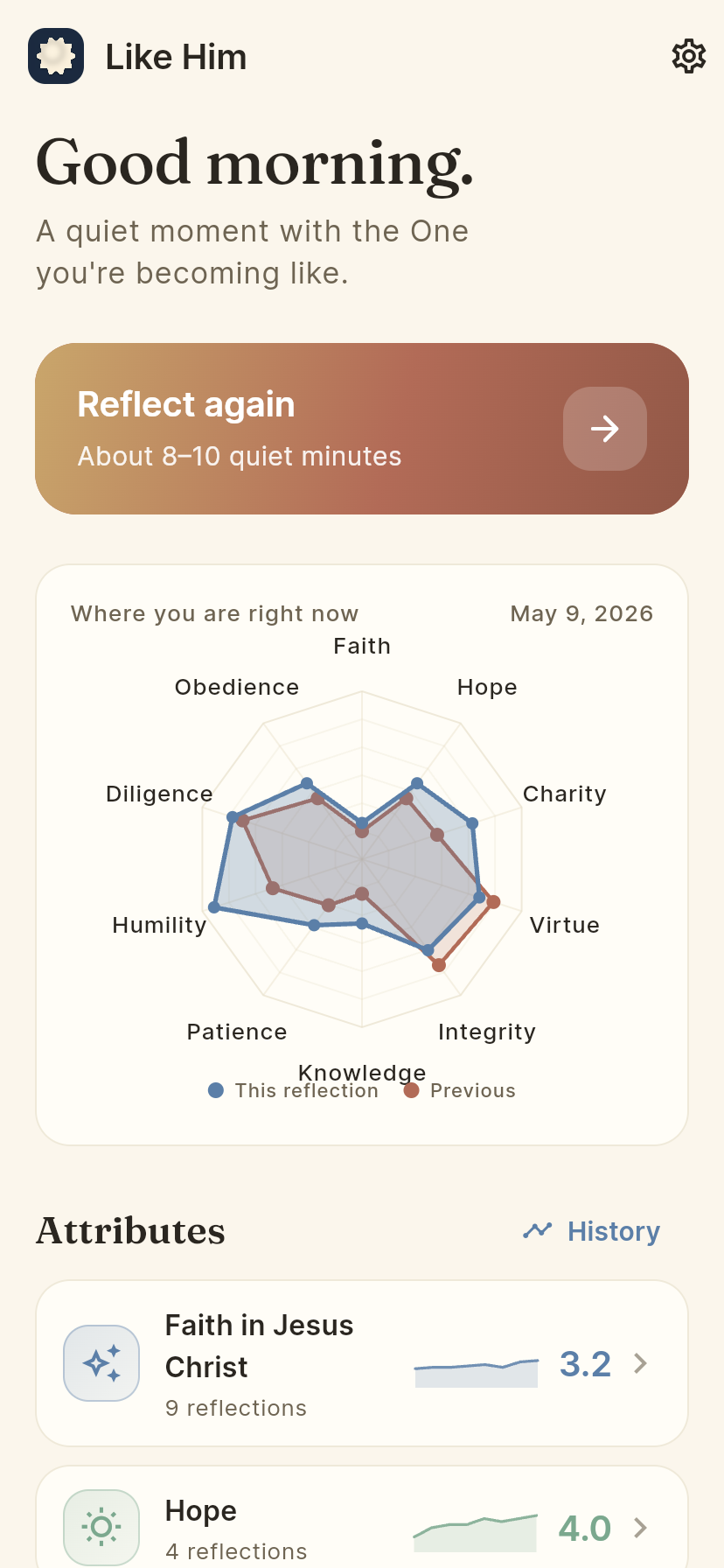 Like Him home screen, showing the radar chart of recent reflection and the list of attributes.